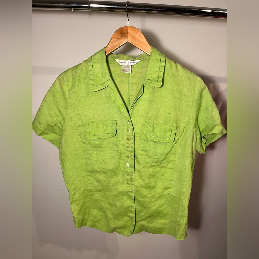 100% linen green blouse tee